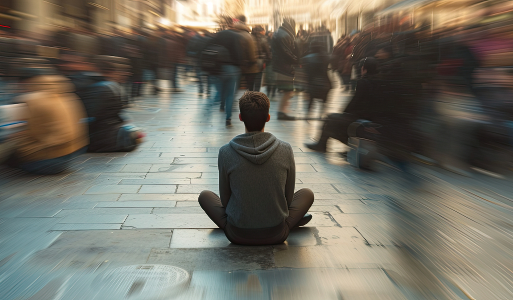 Jeune homme tout seul assis par terre dans la foule